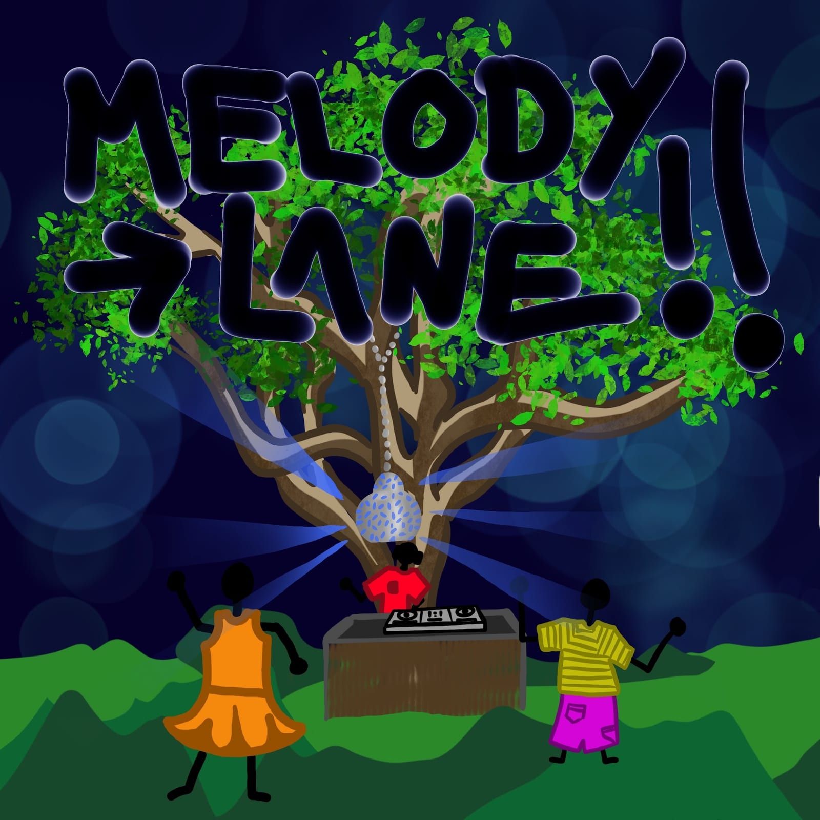 Melody Lane artwork: two dancers either side of a DJ under a tree with a mirror ball, MELODY LANE scrawled across the leaves.