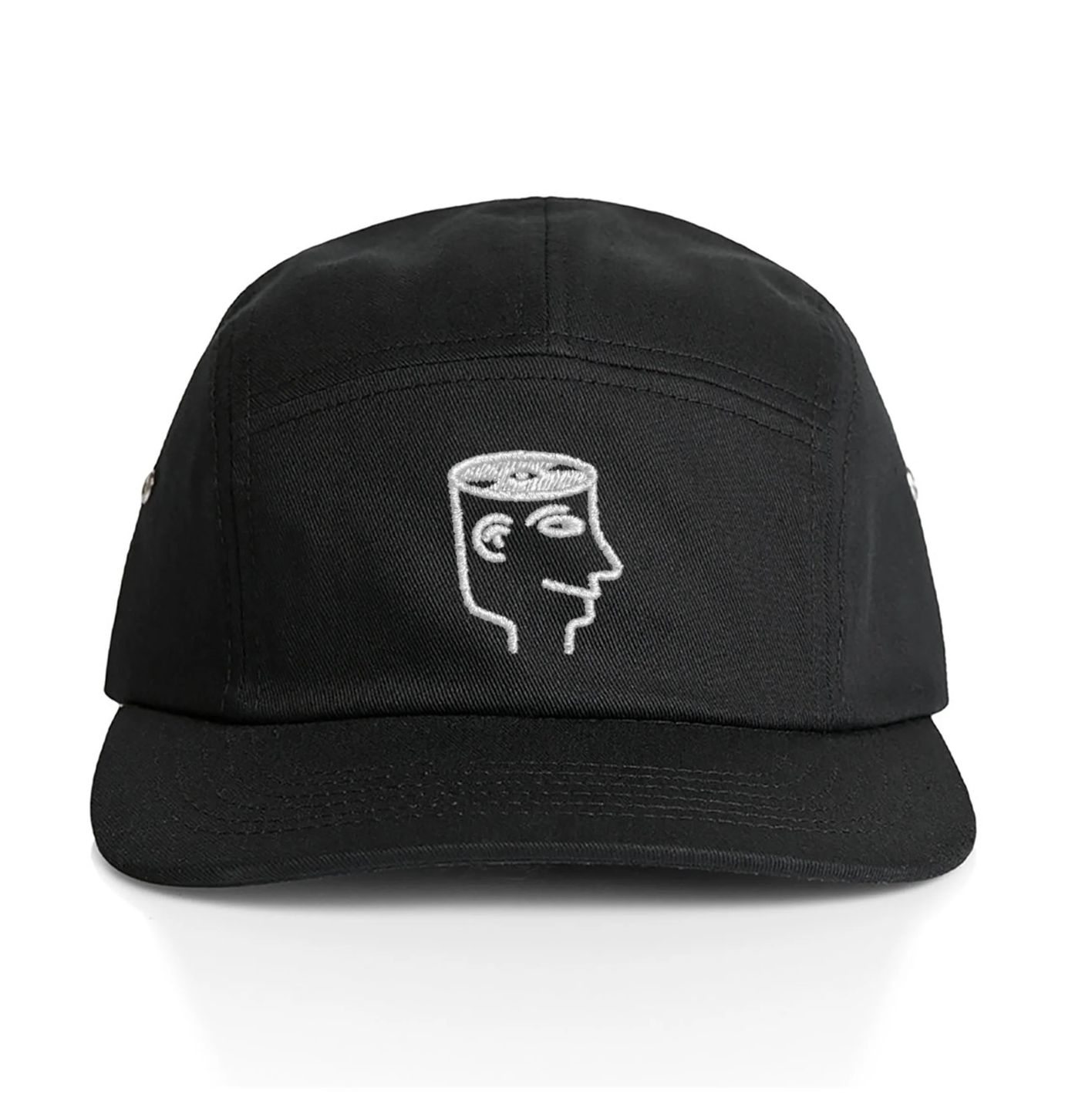 Black five-panel cap with the Brainless head embroidered in white thread on the front panel.