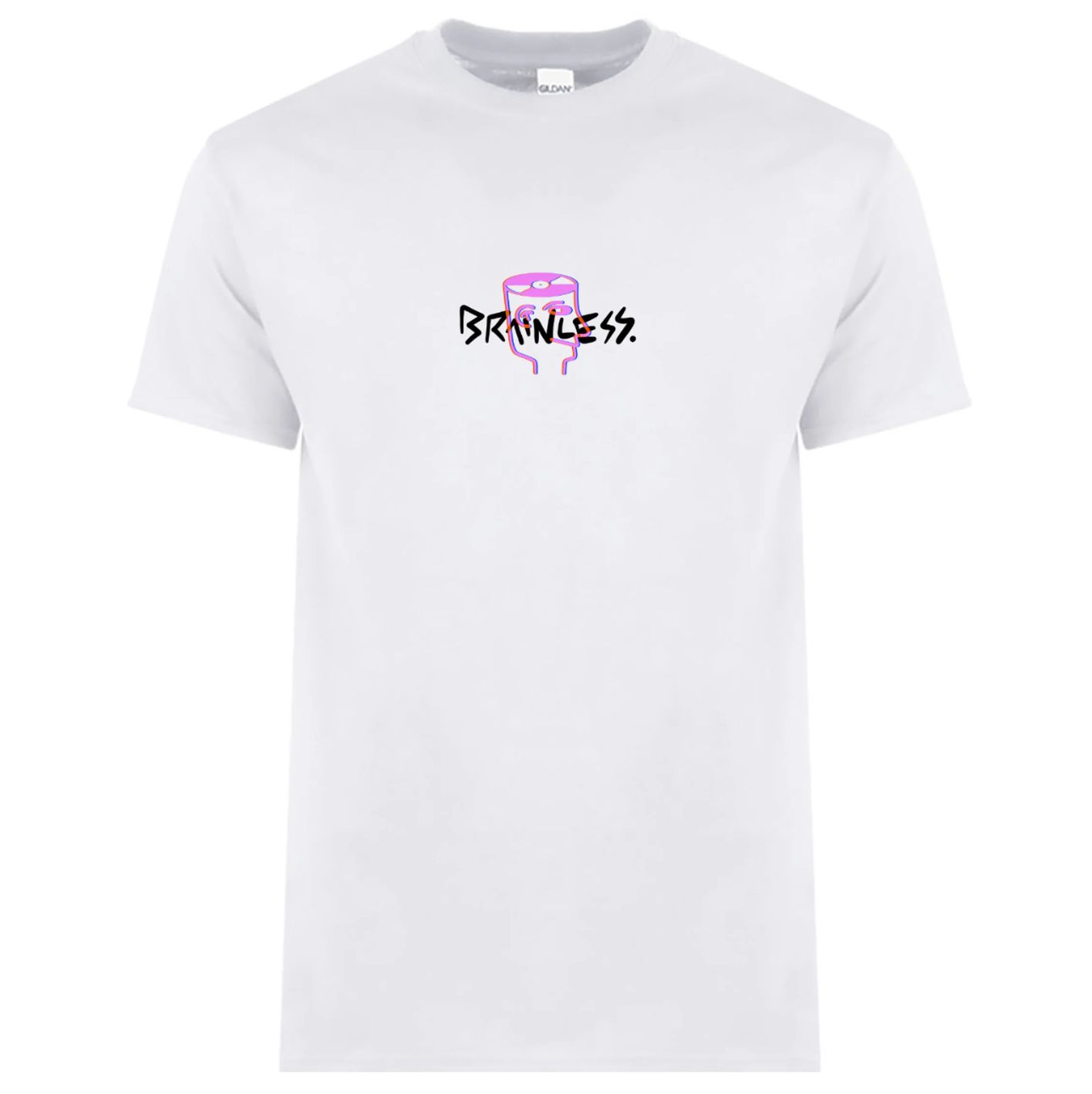White tee with the Brainless head printed small on the chest in pink, under the hand-lettered BRAINLESS. wordmark in black.